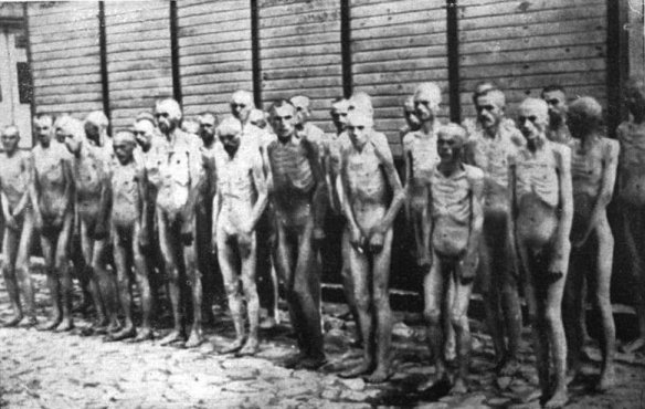 Soviet POWs standing before a barracks in Mauthausen Concentration Camp